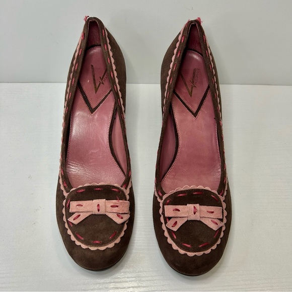 Vince Camuto Chocolate Brown Suede Pink Bow Heels Size 8.5 - Picture 2 of 15